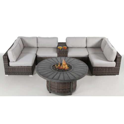 All Weather 4 Person Patio Sofa Set With Fire Pit And Side Table Rustproof - Brown
