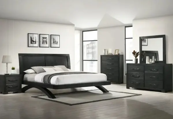 Allan Black Modern 5 PC Bedroom Set Includes Queen Bed (Headboard, Footboard, and Rails), Dresser and Mirror Allan Black Modern 5 PC Bedroom Set Includes Queen Bed (Headboard, Footboard, and Rails), Dresser and Mirror