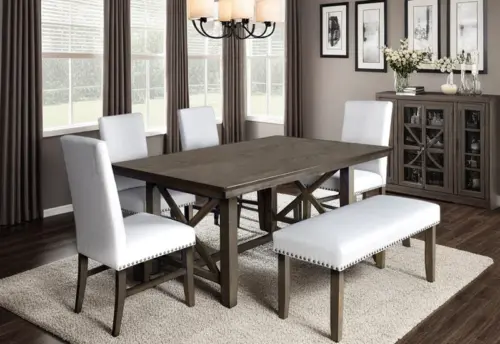 Kiara Brown Rustic Farmhouse 6PC Dining Set with 66” Wooden Table, 4 Fabric Chairs and 1 Fabric Bench Kiara Brown Rustic Farmhouse 6PC Dining Set with 66” Wooden Table, 4 Fabric Chairs and 1 Fabric Bench