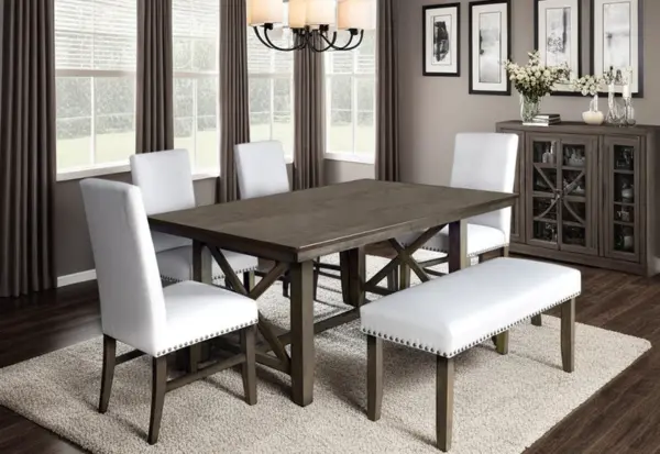 Kiara Brown Rustic Farmhouse 6PC Dining Set with 66” Wooden Table, 4 Fabric Chairs and 1 Fabric Bench Kiara Brown Rustic Farmhouse 6PC Dining Set with 66” Wooden Table, 4 Fabric Chairs and 1 Fabric Bench