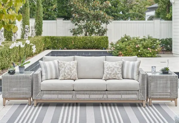 Seton Creek Contemporary Outdoor All Weather Sofa with Cushions and Throw Pillows